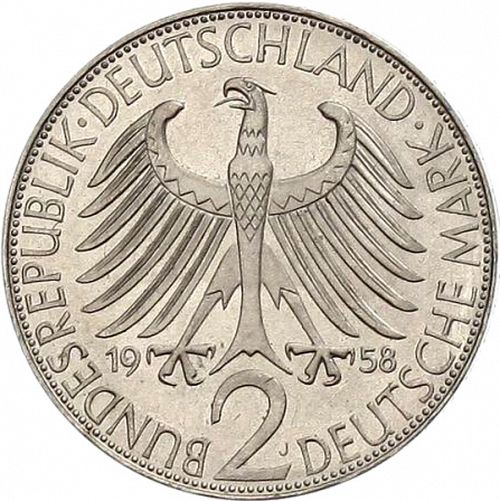 2 Mark Reverse Image minted in GERMANY in 1958J (1949-01 - Federal Republic)  - The Coin Database
