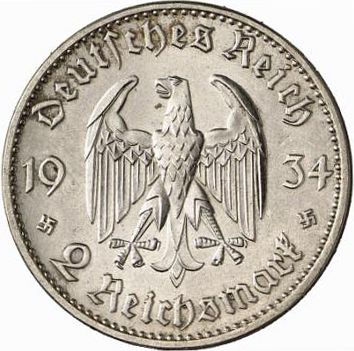2 Reichsmark Obverse Image minted in GERMANY in 1934F (1933-45 - Thrid Reich)  - The Coin Database