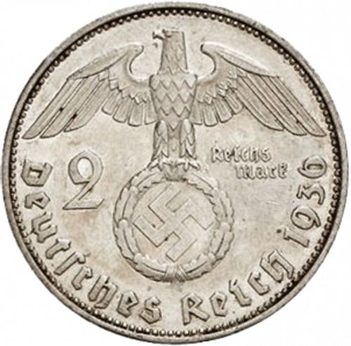 2 Reichsmark Obverse Image minted in GERMANY in 1936E (1933-45 - Thrid Reich)  - The Coin Database
