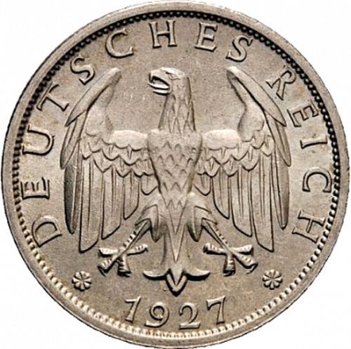 2 Reichsmark Obverse Image minted in GERMANY in 1927J (1924-38 - Weimar Republic - Reichsmark)  - The Coin Database