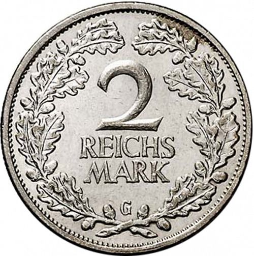 2 Reichsmark Reverse Image minted in GERMANY in 1926G (1924-38 - Weimar Republic - Reichsmark)  - The Coin Database