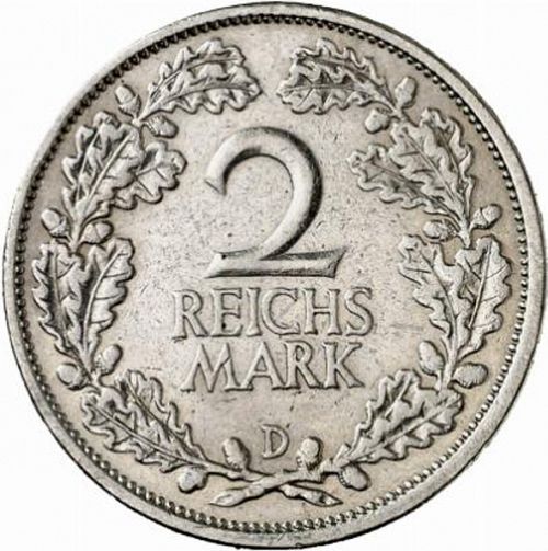 2 Reichsmark Reverse Image minted in GERMANY in 1927D (1924-38 - Weimar Republic - Reichsmark)  - The Coin Database