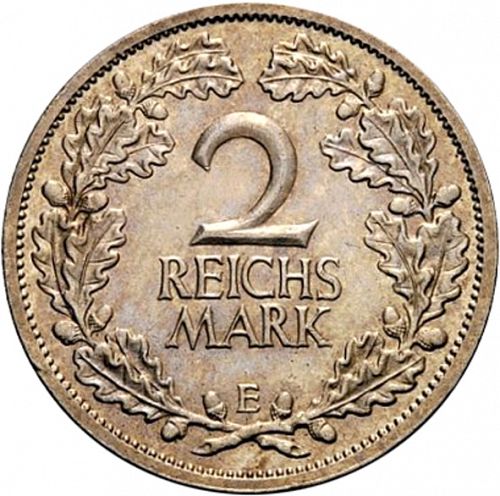 2 Reichsmark Reverse Image minted in GERMANY in 1927E (1924-38 - Weimar Republic - Reichsmark)  - The Coin Database
