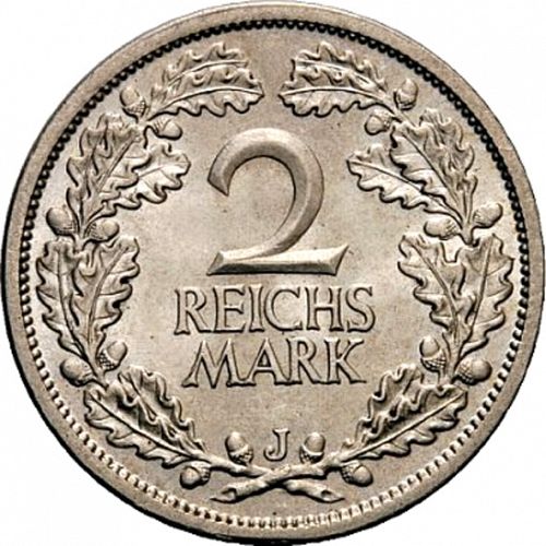2 Reichsmark Reverse Image minted in GERMANY in 1927J (1924-38 - Weimar Republic - Reichsmark)  - The Coin Database