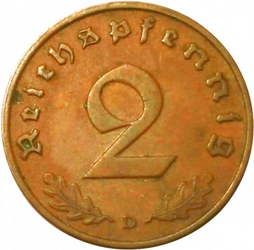 2 Reichspfenning Reverse Image minted in GERMANY in 1937D (1933-45 - Thrid Reich)  - The Coin Database