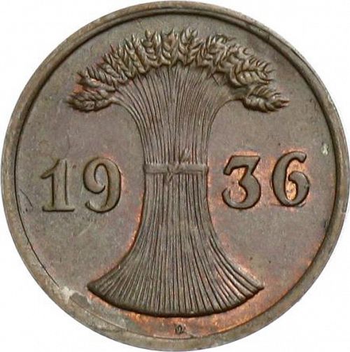 2 Pfenning Reverse Image minted in GERMANY in 1936D (1924-38 - Weimar Republic - Reichsmark)  - The Coin Database