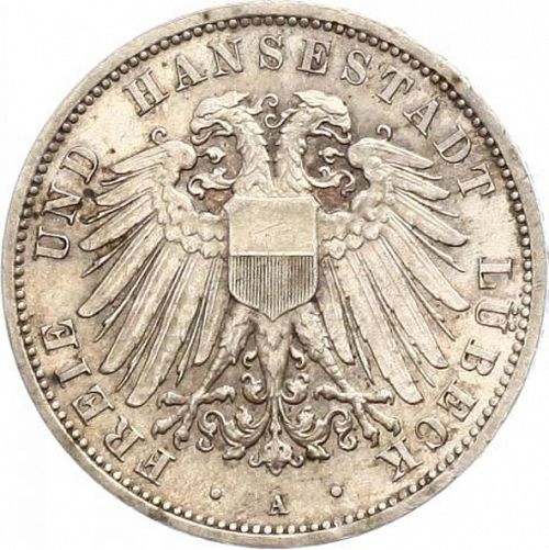 3 Mark Obverse Image minted in GERMANY in 1908A (1871-18 - Empire LUBECK)  - The Coin Database