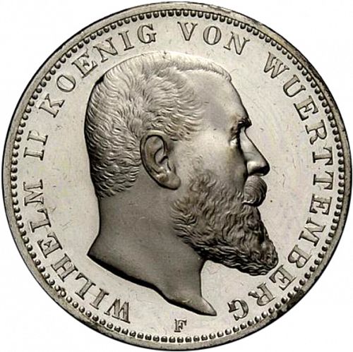 3 Mark Obverse Image minted in GERMANY in 1908F (1871-18 - Empire WURTTEMBERG)  - The Coin Database