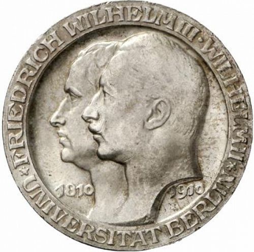 3 Mark Obverse Image minted in GERMANY in 1910A (1871-18 - Empire PRUSSIA)  - The Coin Database