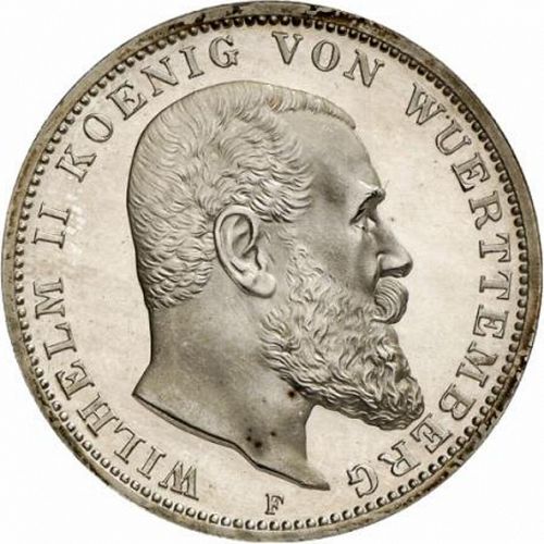3 Mark Obverse Image minted in GERMANY in 1910F (1871-18 - Empire WURTTEMBERG)  - The Coin Database