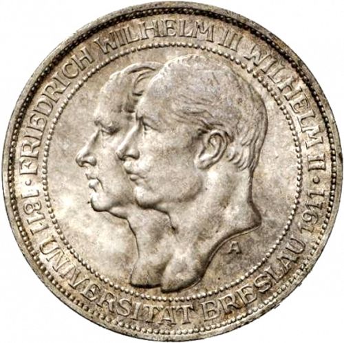 3 Mark Obverse Image minted in GERMANY in 1911A (1871-18 - Empire PRUSSIA)  - The Coin Database