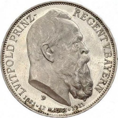 3 Mark Obverse Image minted in GERMANY in 1911D (1871-18 - Empire BAVARIA)  - The Coin Database