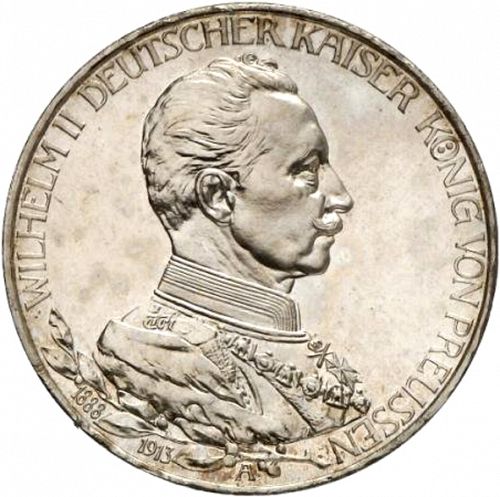 3 Mark Obverse Image minted in GERMANY in 1913A (1871-18 - Empire PRUSSIA)  - The Coin Database