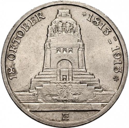 3 Mark Obverse Image minted in GERMANY in 1913E (1871-18 - Empire SAXONY-ALBERTINE)  - The Coin Database