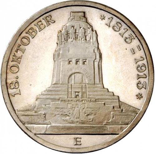 3 Mark Obverse Image minted in GERMANY in 1913E (1871-18 - Empire SAXONY-ALBERTINE)  - The Coin Database