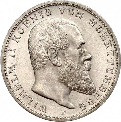 3 Mark Obverse Image minted in GERMANY in 1914F (1871-18 - Empire WURTTEMBERG)  - The Coin Database