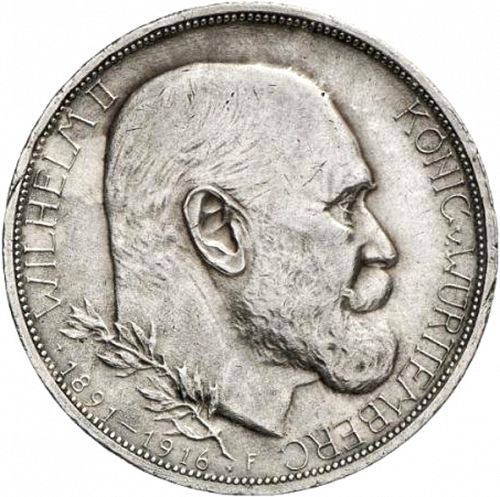 3 Mark Obverse Image minted in GERMANY in 1916F (1871-18 - Empire WURTTEMBERG)  - The Coin Database