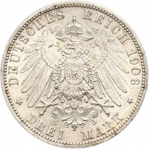 3 Mark Reverse Image minted in GERMANY in 1908A (1871-18 - Empire LUBECK)  - The Coin Database