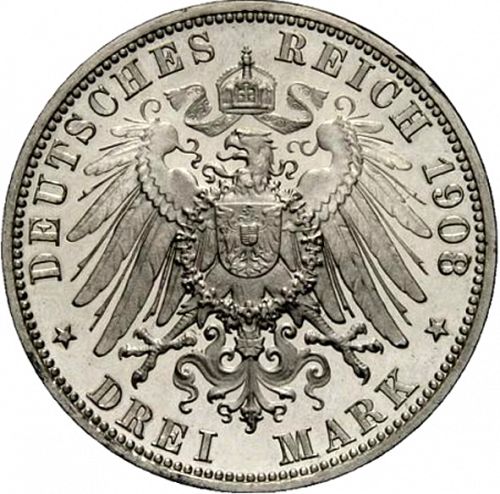 3 Mark Reverse Image minted in GERMANY in 1908F (1871-18 - Empire WURTTEMBERG)  - The Coin Database