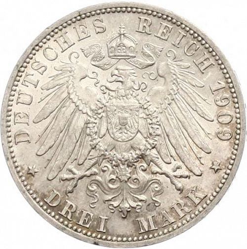 3 Mark Reverse Image minted in GERMANY in 1909A (1871-18 - Empire LUBECK)  - The Coin Database