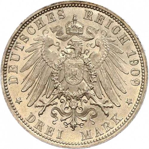3 Mark Reverse Image minted in GERMANY in 1909D (1871-18 - Empire BAVARIA)  - The Coin Database
