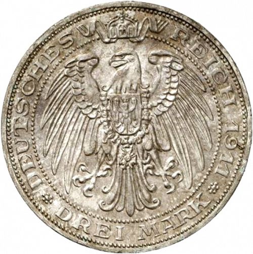 3 Mark Reverse Image minted in GERMANY in 1911A (1871-18 - Empire PRUSSIA)  - The Coin Database
