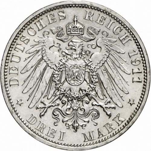 3 Mark Reverse Image minted in GERMANY in 1911A (1871-18 - Empire SCHAUMBURG-LIPPE)  - The Coin Database