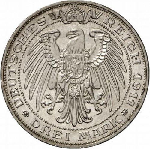 3 Mark Reverse Image minted in GERMANY in 1911A (1871-18 - Empire PRUSSIA)  - The Coin Database