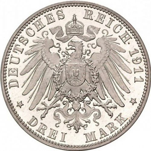 3 Mark Reverse Image minted in GERMANY in 1911E (1871-18 - Empire SAXONY-ALBERTINE)  - The Coin Database