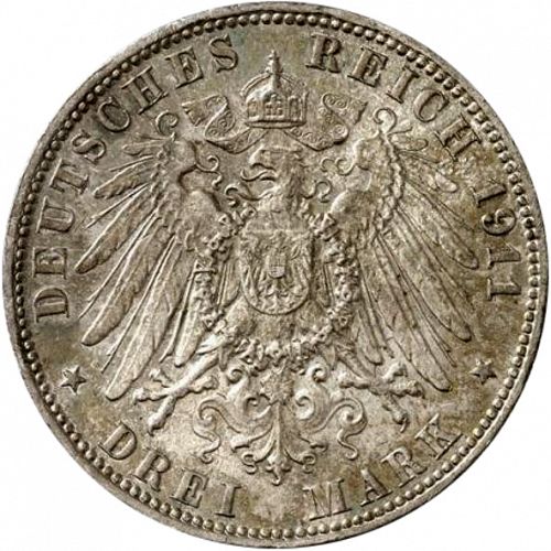 3 Mark Reverse Image minted in GERMANY in 1911J (1871-18 - Empire HAMBURG)  - The Coin Database