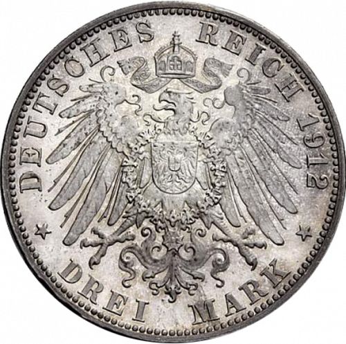 3 Mark Reverse Image minted in GERMANY in 1912G (1871-18 - Empire BADEN)  - The Coin Database