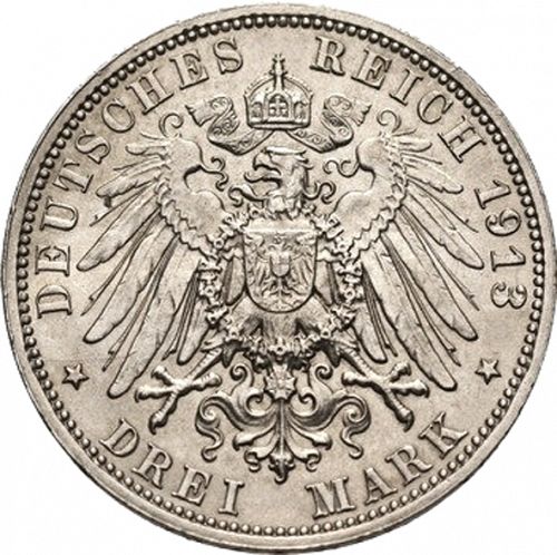3 Mark Reverse Image minted in GERMANY in 1913E (1871-18 - Empire SAXONY-ALBERTINE)  - The Coin Database
