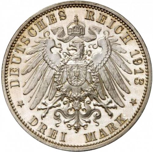 3 Mark Reverse Image minted in GERMANY in 1913E (1871-18 - Empire SAXONY-ALBERTINE)  - The Coin Database