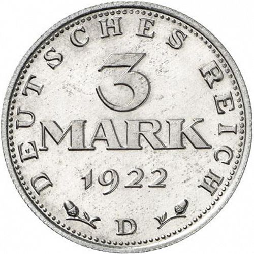 3 Mark Obverse Image minted in GERMANY in 1922D (1922-23 - Weimar Republic - Mark  Coinage)  - The Coin Database
