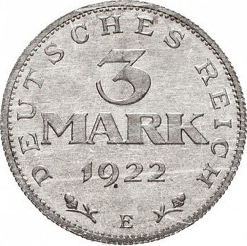 3 Mark Obverse Image minted in GERMANY in 1922E (1922-23 - Weimar Republic - Mark  Coinage)  - The Coin Database