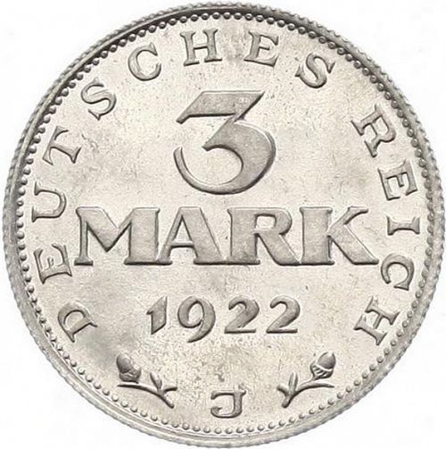 3 Mark Obverse Image minted in GERMANY in 1922J (1922-23 - Weimar Republic - Mark  Coinage)  - The Coin Database