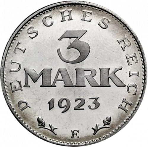 3 Mark Obverse Image minted in GERMANY in 1923E (1922-23 - Weimar Republic - Mark  Coinage)  - The Coin Database