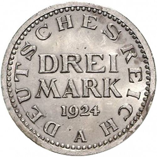 3 Mark Obverse Image minted in GERMANY in 1924A (1924-38 - Weimar Republic - Reichsmark)  - The Coin Database