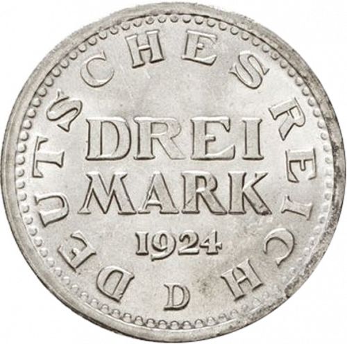 3 Mark Obverse Image minted in GERMANY in 1924D (1924-38 - Weimar Republic - Reichsmark)  - The Coin Database