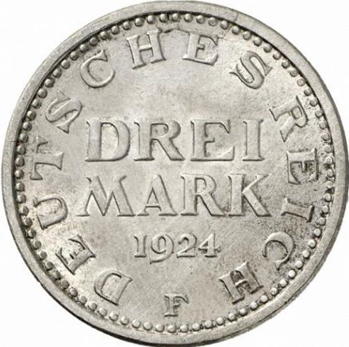 3 Mark Obverse Image minted in GERMANY in 1924F (1924-38 - Weimar Republic - Reichsmark)  - The Coin Database