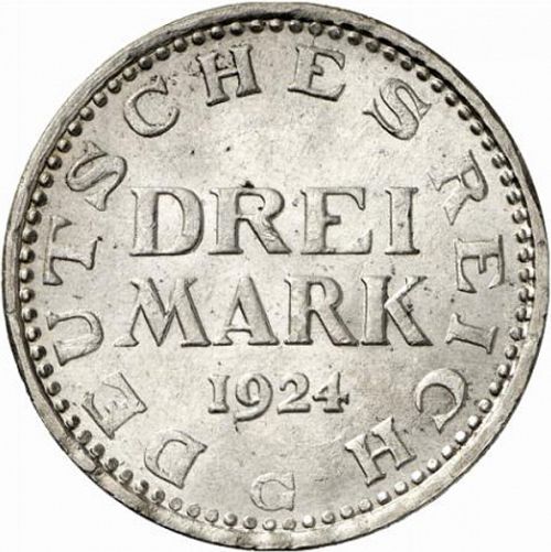 3 Mark Obverse Image minted in GERMANY in 1924G (1924-38 - Weimar Republic - Reichsmark)  - The Coin Database
