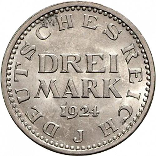 3 Mark Obverse Image minted in GERMANY in 1924J (1924-38 - Weimar Republic - Reichsmark)  - The Coin Database
