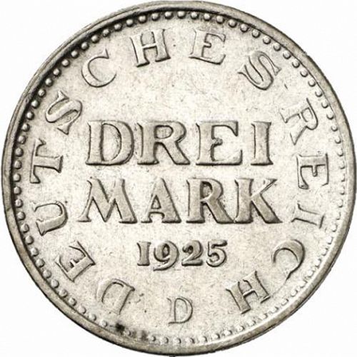3 Mark Obverse Image minted in GERMANY in 1925D (1924-38 - Weimar Republic - Reichsmark)  - The Coin Database