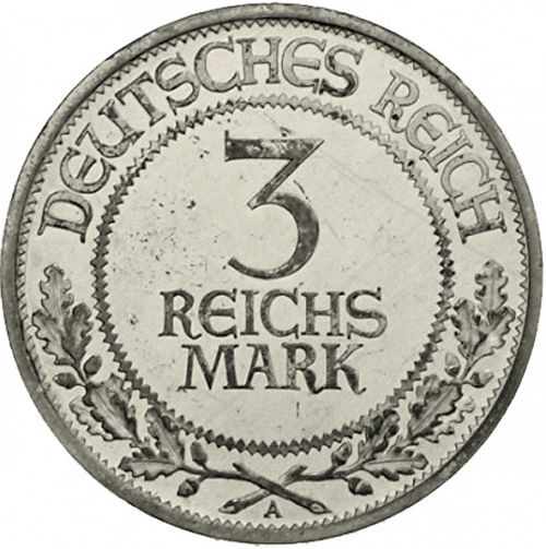 3 Reichsmark Obverse Image minted in GERMANY in 1926A (1924-38 - Weimar Republic - Reichsmark)  - The Coin Database