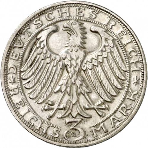 3 Reichsmark Obverse Image minted in GERMANY in 1928D (1924-38 - Weimar Republic - Reichsmark)  - The Coin Database
