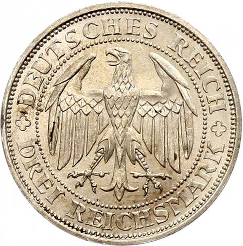 3 Reichsmark Obverse Image minted in GERMANY in 1929E (1924-38 - Weimar Republic - Reichsmark)  - The Coin Database