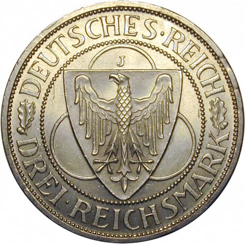 3 Reichsmark Obverse Image minted in GERMANY in 1930J (1924-38 - Weimar Republic - Reichsmark)  - The Coin Database