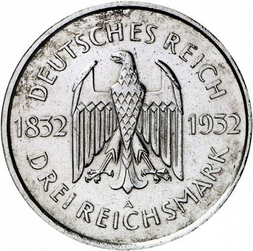 3 Reichsmark Obverse Image minted in GERMANY in 1932A (1924-38 - Weimar Republic - Reichsmark)  - The Coin Database