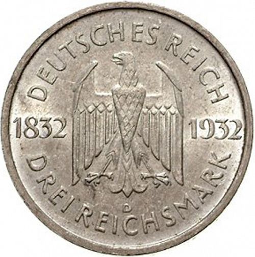 3 Reichsmark Obverse Image minted in GERMANY in 1932D (1924-38 - Weimar Republic - Reichsmark)  - The Coin Database