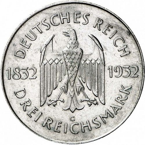 3 Reichsmark Obverse Image minted in GERMANY in 1932G (1924-38 - Weimar Republic - Reichsmark)  - The Coin Database